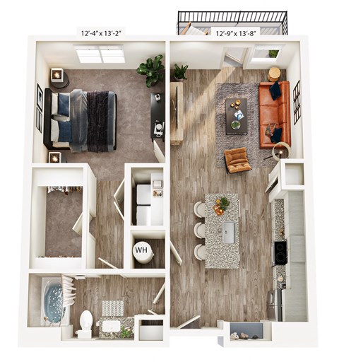 Floor plan for 1 bed, 1 bath, 804 sqft